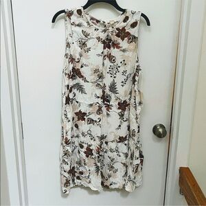 Beige Floral Round Neck Sleeveless Swing Dress